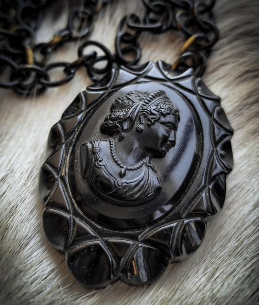 Black Bakelite Mourning Cameo Necklace